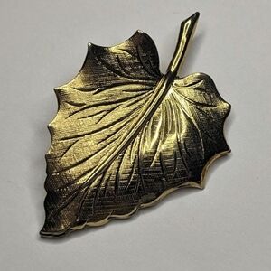 Vintage Golden Etched Serated Leaf Brooch Pin Brushed Metal 2" Retro Art Deco